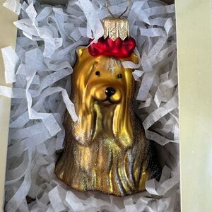 Vintage Yorkie Golden Dog Christmas Ornament Glass Poland Red Bow Yorkshire Dog